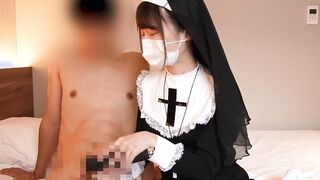 Japanese nun gives a bro a hand job using vibrator