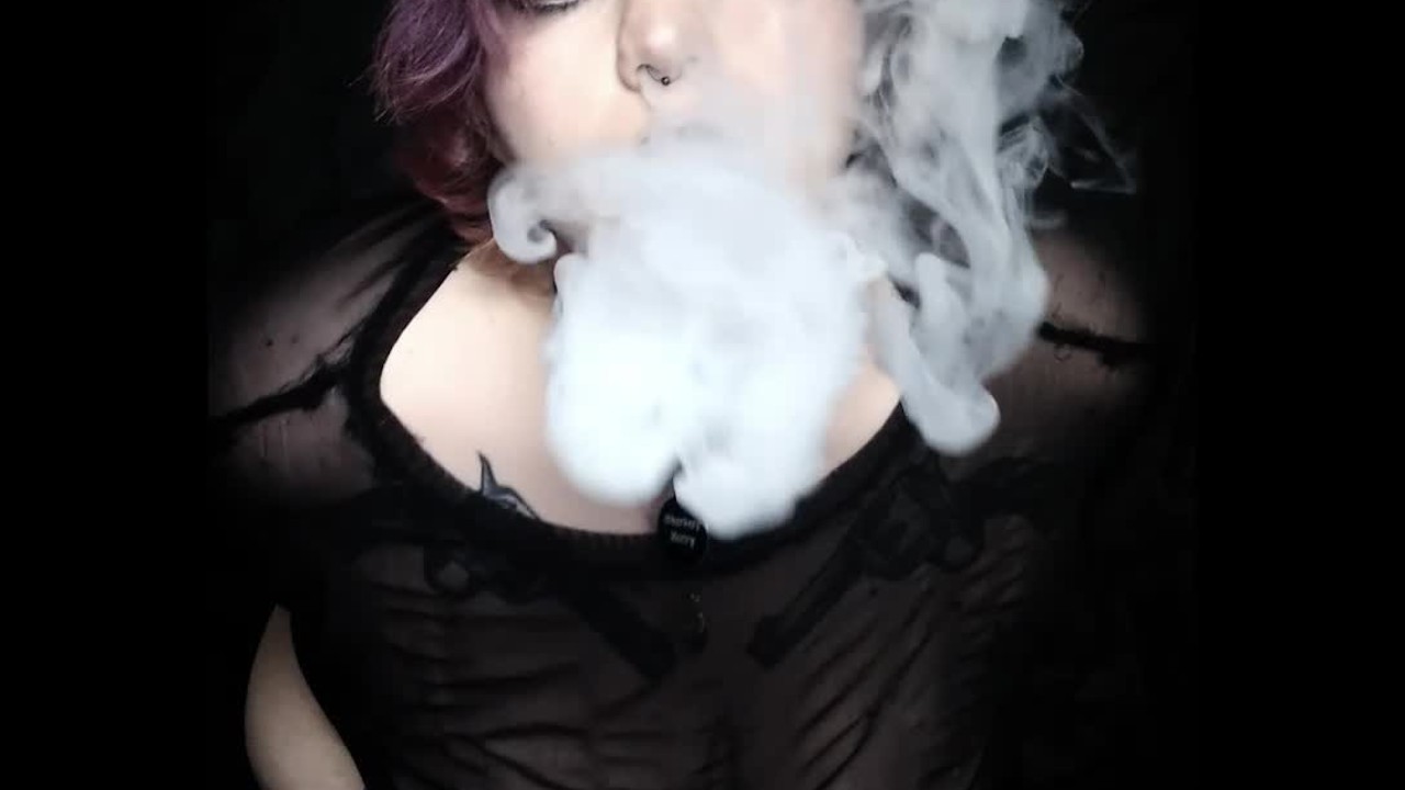 Curvy gothic vaping inside sheer outfit