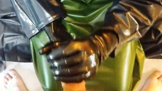 Hand Job with latex gloves and double RUBBER raincoat