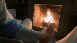 Intimate fellatio by fireplace cum on tits