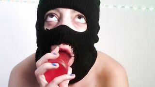 Masked 19 year old giving a oral sex to a sex toy