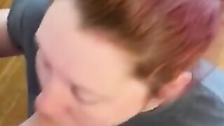 Next Door slutty fiance deepthroats my bwc on her lunch break. Red Haired pawg sloppy blowjob