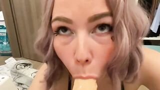 Huge Hooters Bitch plays with milk while sucking Dildo Cock