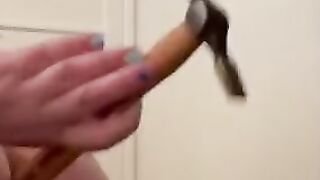 Slut fucks herself with grandads hammer