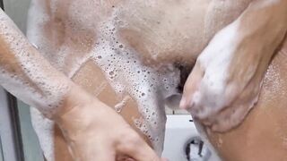 Milf pussy shave into shower. Closeup vagina.