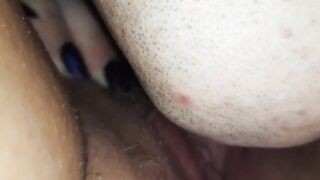 Eating her unshaved chubby pussy so well, she cums a