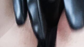 In leaking lingerie masturbation with glove till orgasm