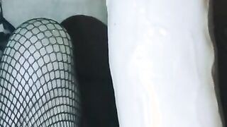 Goth Pawg BBW ride 12 inch huge gigantic vibrator solo cosplay inside fishnet Play anal plug