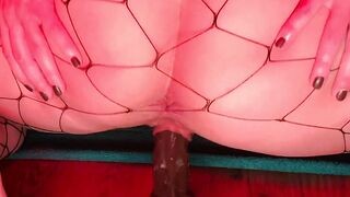 UHD 4K Skank CADY NICE German Amateur riding huge african penis Dildo in Fishnet with her tight Cunt and Nice Butt