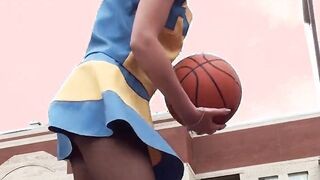 Lorine inside Cheerleader Uniform and Stockings Shooting Ball and Flashing