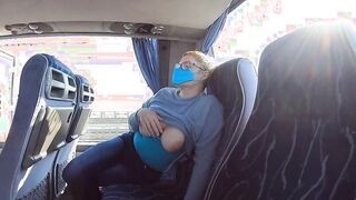 Milf flashes her melons in a bus and masturbates crossed