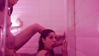 two Italian lesbians shower together and suck my dick at the end