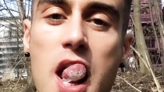 Chewing and swallowing own cum public